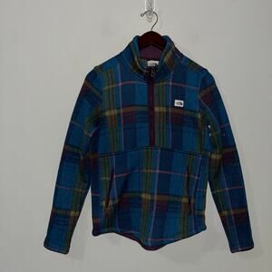 Women’s North Face Printed Crescent 1/4 Zip Pullover Blue Green Plaid XS (0714)